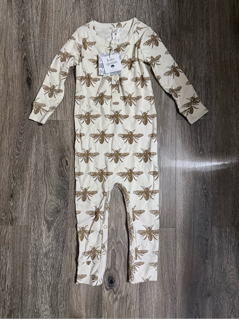 kate quinn Cream and Gold Bee Print Organic Cotton Footie